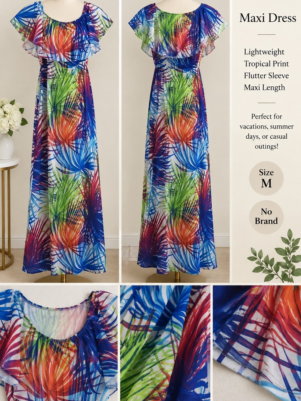 Vibrant Tropical Flutter-Sleeve Maxi Dress — No Brand